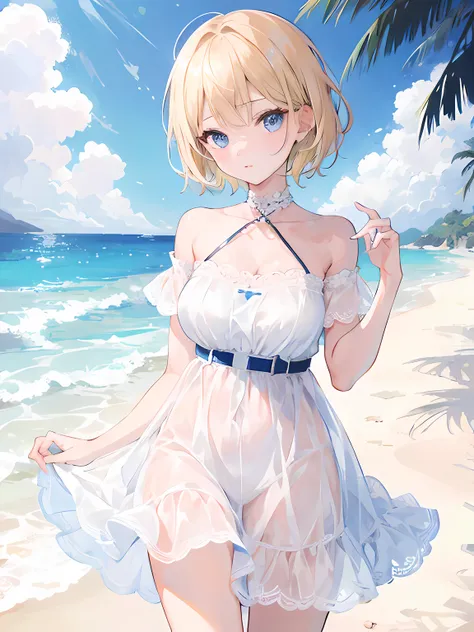 1girl, short blond hair, blue eyes, wearing cute white dress, beach, absurdres, high res, ultrasharp, 8K, masterpiece, looking at viewer