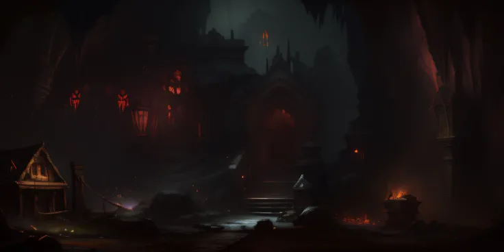 There is a dark cave，There was a fireplace and a fire hydrant, dark concept art, dark cinematic concept art, Unreal Engine Digital Painting, photorealistic dark concept art, Dramatic lighting. concept-art, dark fantasy concept art, concept-art ， highly ren...