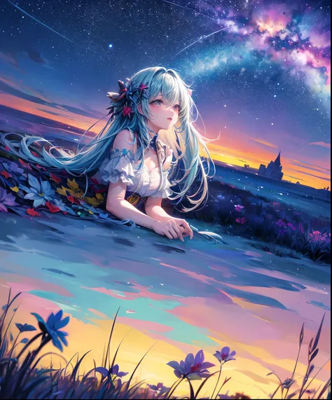 Describe a scene where a cute girl character is lying on a grassy hill, Looking up at the starry sky. Surround her with colorful nebulae and her favorite constellations.