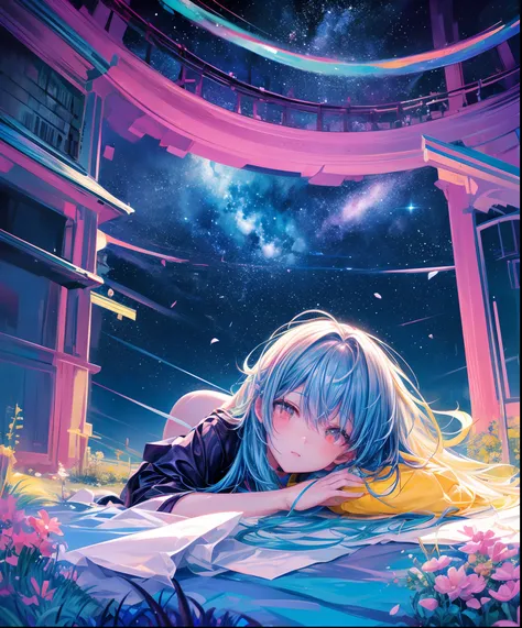 Describe a scene where a cute girl character is lying on a grassy hill, Looking up at the starry sky. Surround her with colorful nebulae and her favorite constellations.