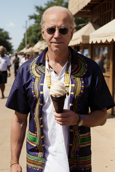 Joe Biden dressed in traditional African clothing dashiki and holding a vanilla ice cream cone.