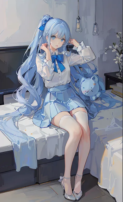 one-girl, Blue gradient clothes, white  skirt, White skin, Blue and pink hair, long whitr hair, Bow knot, Big blue eyes, Delicate facial features，Messy room, book, a chair, desks, window, dolls, janelas, Anime style, Chiaroscuro, Cinematic lighting, color ...