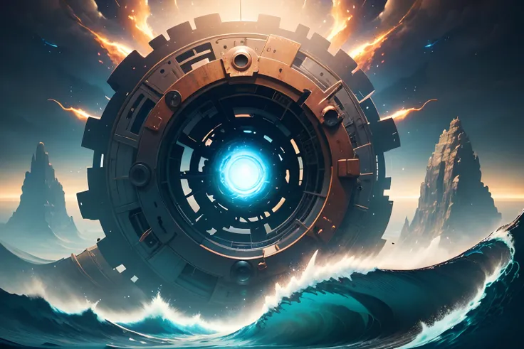 A very dynamic scene. A million years ago. fantasy world. Giant vintage rusty gear flies through time and space. The Wheel of Fate and Life. Spatial tunnel. Crashes into the ocean, Huge wave, splatter. Very close-up. view from bottom. Flying through the cl...