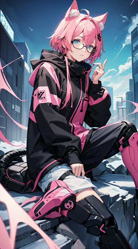 winter costume, Style: Techwear colors: pink-black-cyan details: cat-ear hoodie, boy with glasses, messy hair, Full body front design, sitting pose, mecha behind