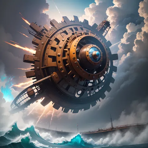 A very dynamic scene. A million years ago. Fantasy world. A giant vintage rusty gear flies through time and space. Wheel of fate and life. Spatial Tunnel. Crashes into the Ocean. Very Close-up. View from below. Flight through clouds, sparks, blue flames. s...