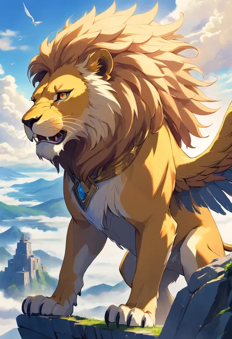 lion griffin, mythical creature, majestic, powerful wings, lion body, eagle head, fierce gaze, sharp claws, feathers, golden beak, large size, flying, mountains, cloudy sky, ancient ruins, fantasy realm, mythical landscape, epic, magical, mythical creature...