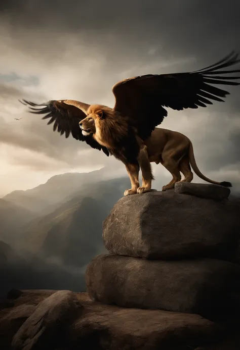 lion griffin, mythical creature, majestic, powerful wings, lion body, eagle head, fierce gaze, sharp claws, feathers, golden beak, large size, flying, mountains, cloudy sky, ancient ruins, fantasy realm, mythical landscape, epic, magical, mythical creature...