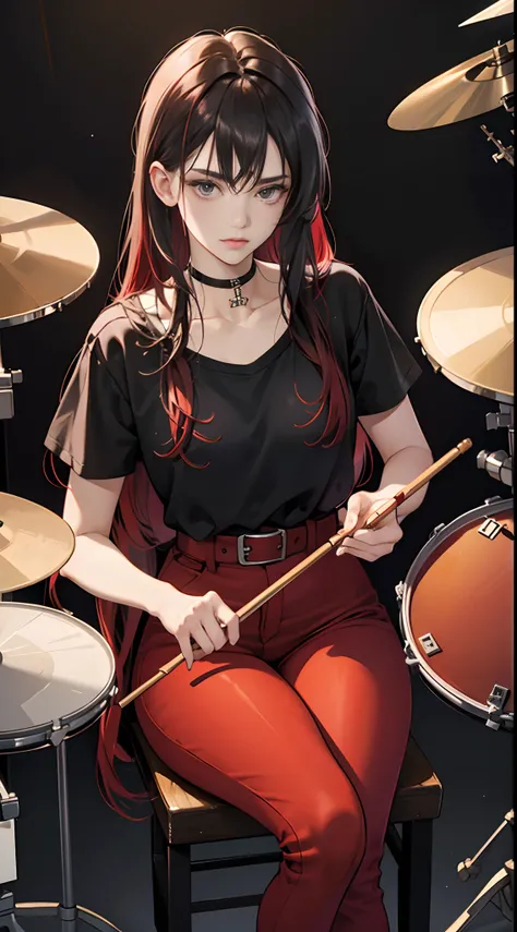 (Best Quality,4K,hight resolution), An 18-year-old woman，drum，drummer, Holding a drumstick，Drumming，recital，Sitting，Red mesh hair on black hair, length hair，straight haired，Cool Woman，sharp eye,Sleepy face,Delicately drawn illustrations，realistic represent...