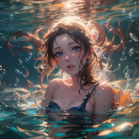 （Masterpiece), (Best quality), (Ultra-detailed),   ((masterpiece)),((highestquality)),((8k)),((ultra-detailed)), 1girl, realistic, shiny body, posing, underwater, water surface, sunset,(Photorealistic)), ((Fantastic background)), Ultra-realistic, Ultra-det...