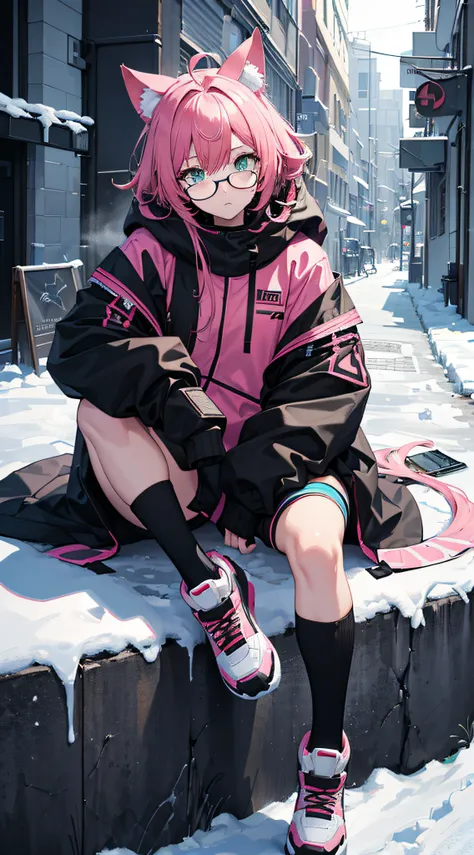 8k, best quality, RAW photo, winter costume, Style: Techwear colors: pink-black-cyan details: cat-ear hoodie, boy with glasses, messy hair, Full body front design, sitting pose, mecha behind