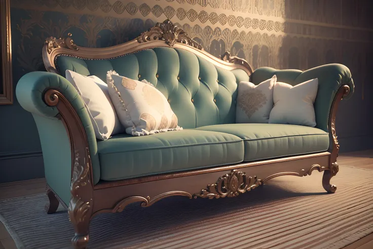 (Best quality,3D rendering of:1.2),(Realistic:1.37) Side view European sofa,Virtual Engine,Subtle shadows,textured fabrics,Rich wood details,Sophisticated design,Gorgeous classic pattern,Ornate carving, ImpeccableCraftsmanship,Highly detailed,Realistic tex...