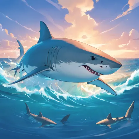 Great white shark，Cartoony，The feeling of being flushed out of the water，Splashes