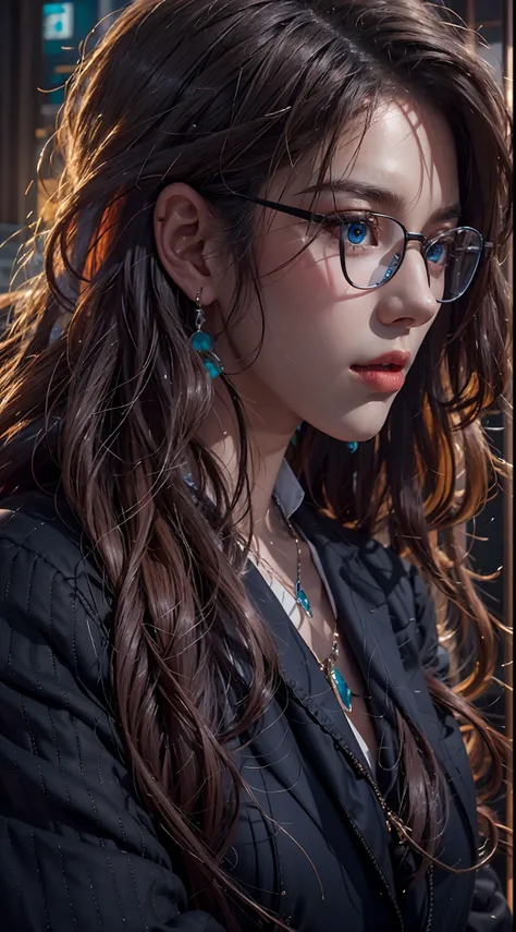 photorealistic, masterpiece, photorealistic, high resolution, soft light, hips up, blue eyes, long hair, jewelry, tattoo, black suit, glasses, cool style