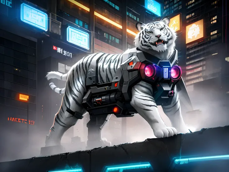 (masterpiece, best quality), detailed, cyberpunk, white tiger, growling, sharp teeth, dark city scene, neon lights, hunting, shrouded in shadows, moody atmosphere