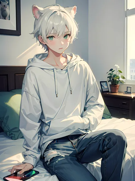 1boy, white short hair, green eyes, , wearing hoodie, denim pants, bedroom, koala ears, shota, , playing smartphone, absurdres, high res, ultrasharp, 8K, masterpiece, looking at phone