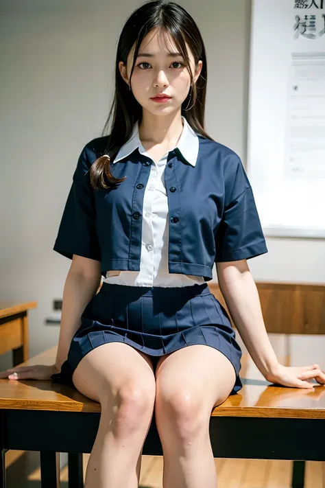 Raw photo, 8K, Highest Quality, 超A high resolution, beautiful faces detailed, Real Human Skin, , Front view, Angle from below, Realistic, Realistic, Beautiful, Short skirt, Nipple see-through、Thoracic protrusion、‎Classroom, Beautiful Female Student, Japane...