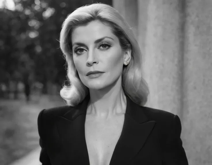 soft light by the face, art by Helmut Newton, contrasted black and white photography, 50 years catherine deneuve wearing a amazing chic yves saint-laurent black satin suit, 1922, natural lighting, German realism, Slightly blurred photography, natural light...