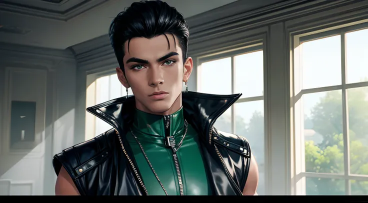 1990 screengrab of male model Piccolo wearing a futuristic black Balenciaga leather vest with silver zippers and green detailing, fashion movie scene, Balenciaga commercial