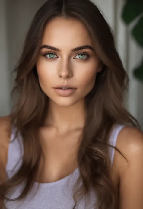 Arafed woman with a white tank top and necklace, fille sexy aux yeux verts, Portrait Sophie Mudd, cheveux bruns et grands yeux, selfie of a young woman, Yeux de chambre, Violet Myers, sans maquillage, maquillage naturel, looking straight at camera, Visage ...