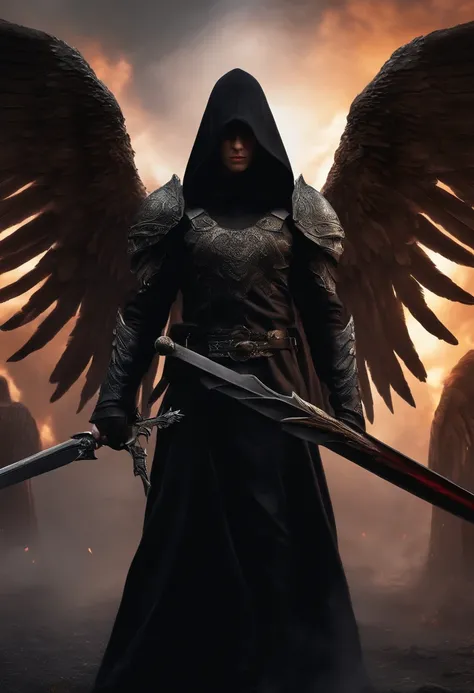 Realistic, 4K, Angels with big wings, Black clothes, one sword, Head hood in war background image (chaos)