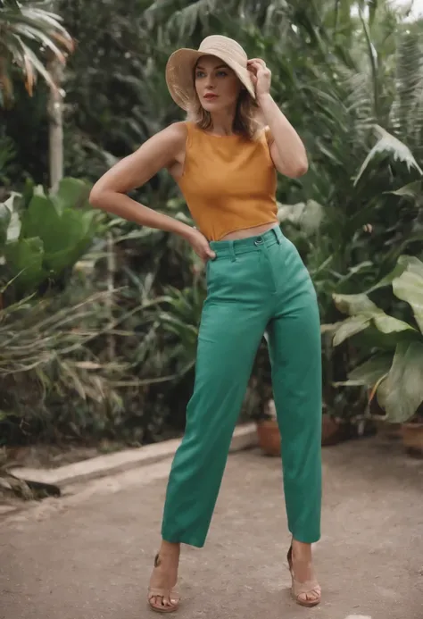 a woman wearing tropical colored pants, a hat, in the style of ilford pan f, made of rubber, punk, kodak vision3 250d 5207, poolcore, danish golden age, reflective, (close-up)