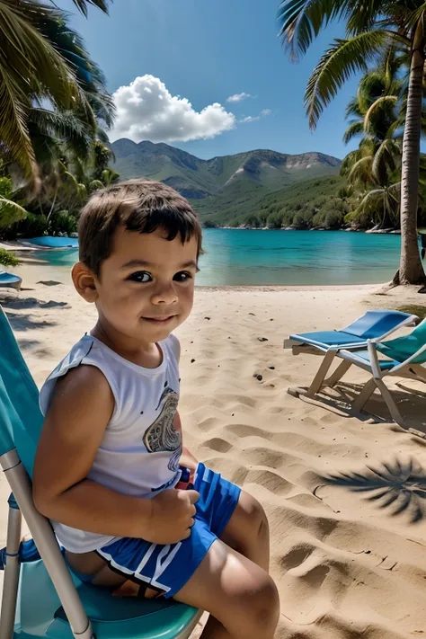 a professional photograph of a 3-year-old boy wearing beachwear, seated on a beach chair, looking at the camera. in the backgrou...