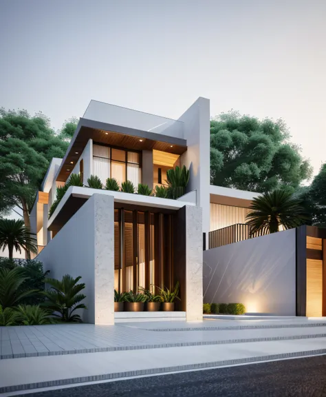 a rendering of a modern house with a large front entrance, concept house, 3 d vray render, architectural visualization, wide ang...