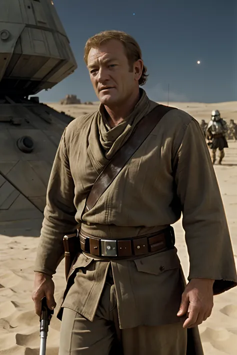 John Wayne as a Jedi in Star Wars: A New Hope, Cinematic lighting, mid shot