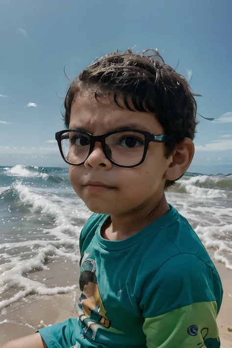 uma fotografia profissional de um menino de 3 anos usando oculos e roupa de praia, (((sentado em uma cadeira de praia))), looking at the camera. In the background, incluir o mar, Praia de areia branca, montanhas, e palmeiras. The photograph should highligh...