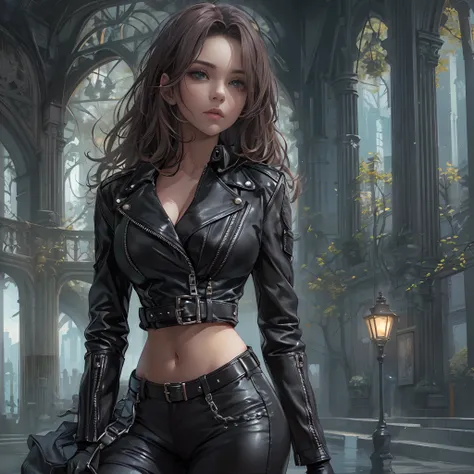 ((Masterpiece, Highest quality)), Detailed face, perfectly proportions， full bodyesbian, Full of details，A beautiful girl，Black leather gloves，Black leather rider jacket，Black leather leggings，Black leather boots，Black leather neckline bodice，High Balance,...