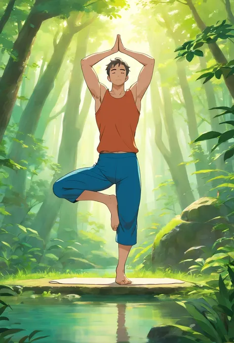 Create an image of a man doing yoga in a tranquil natural setting, emphasizing the physical and mental strength gained through connecting with nature. 2d flat illustration