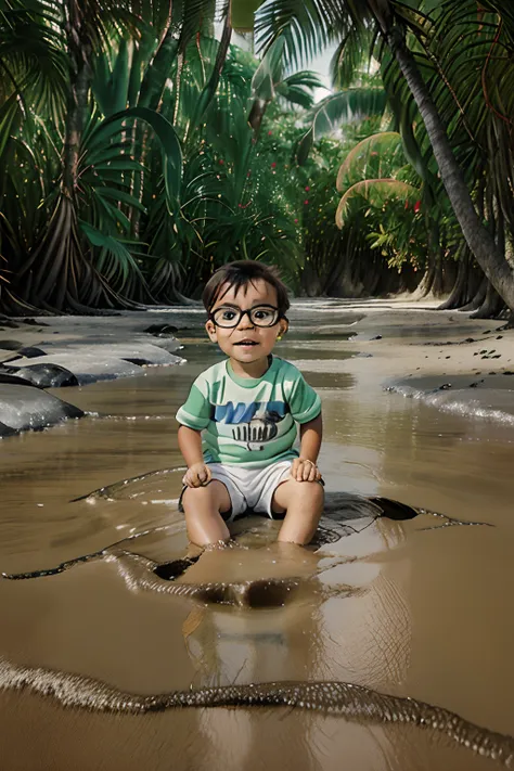 create a studio ghibli-style photograph with a happy 3-year-old wearing glasses, vestido com trajes de praia, sentado em uma cad...