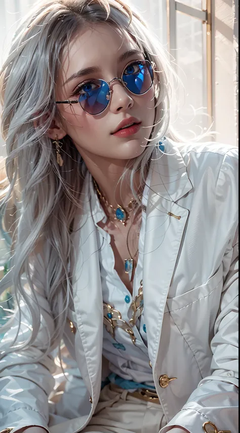 photorealistic, masterpiece, photorealistic, high resolution, soft light, hips up, blue eyes, long hair, jewelry, tattoo, white suit, sunglasses, cool style