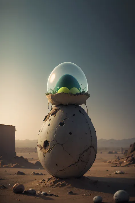 A realistic alien egg in an aliptic and murky post-apoc atmosphere which hatches and strangely it is a wide-eyed and magnificent rabbit which is in this egg