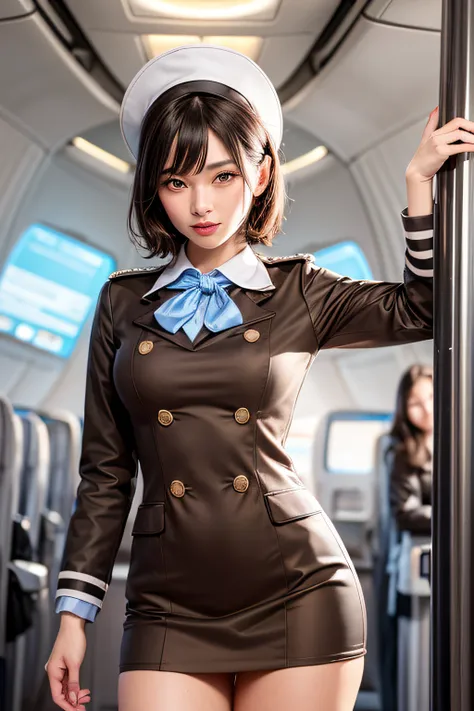 8K, of the highest quality, Intricate details, Ultra Detail, Ultra High Resolution, masterpiece, smile, (fluffy brown eyes), 1female, Solo, 40 years, (full stewardess uniform:1.4), Standing, ((Beautiful Face)), (Black short hair), (Detailed face), Detailed...