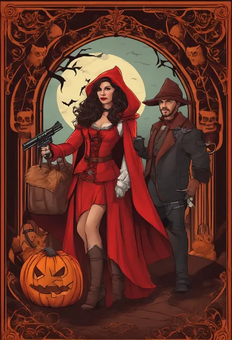 Design a trading card with a Halloween theme featuring two characters. The first character should be Red Riding Hood, depicted with drawers as an accessory. The second character should be a girl holding a gun.