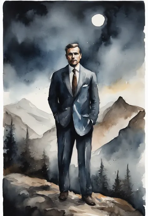 a man in suit, in the dark, standing between the mountains. sketch style with dark and mysterious tone