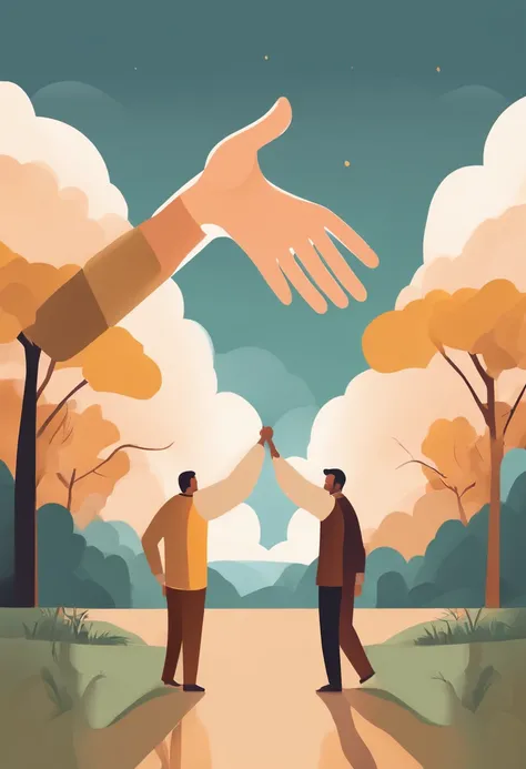 Show a man extending a helping hand to someone in need, illustrating the positive impact of leadership through empathy and compassion. . 2d flat illustration minimal