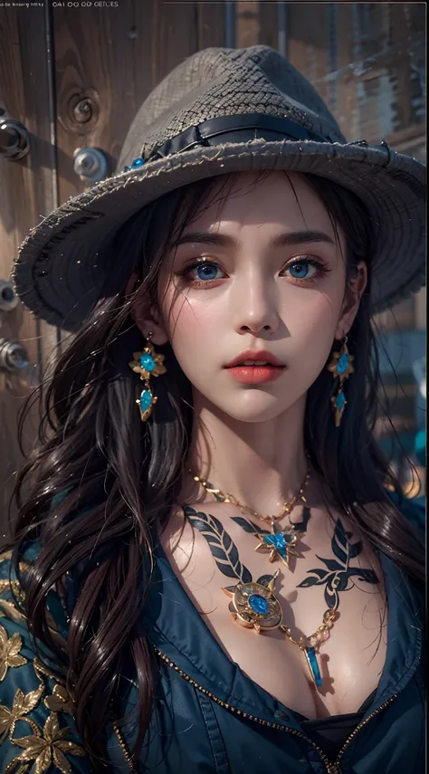 photorealistic, masterpiece, photorealistic, high resolution, soft light, hips up, blue eyes, long hair, jewelry, tattoo, black suit, hat, cool style