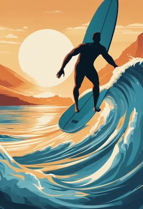 Illustrate a man confidently stepping onto a surfboard, ready to catch a wave, conveying the message of seizing opportunities and living in the moment. 2d flat illustration