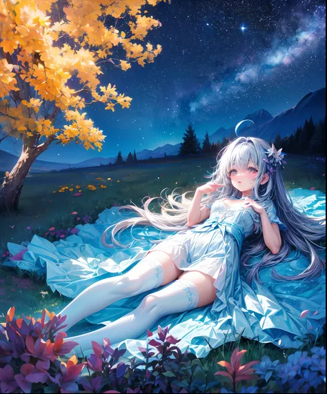 Describe a scene where a cute girl character is lying on a grassy hill, Looking up at the starry sky. Surround her with colorful nebulae and her favorite constellations.