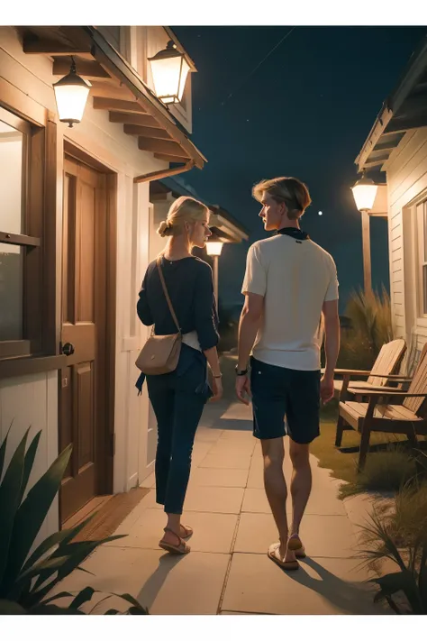 Year: 2023. Location: Edisto, South Carolina. back view of a pre-raphaelite blonde ((woman)), approaching a man who is waiting in the porch of a beach house, ((night)) ((very dark)), ((2020s casual clothes)) ((2020s hairstyle)) ((in the style of "OMITB")) ...