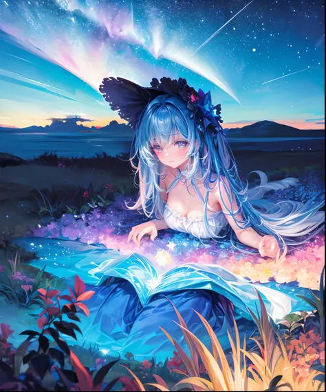 Describe a scene where a cute girl character is lying on a grassy hill, Looking up at the starry sky. Surround her with colorful nebulae and her favorite constellations.