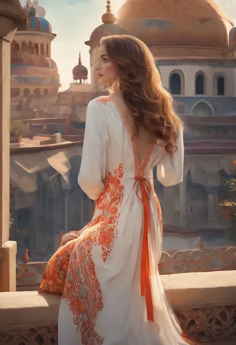 (Best Quality,4k,8K,hight resolution,Masterpiece:1.2),Ultra-detailed,(Realistic,Photorealistic,photo-realistic:1.37),Slavic woman,long flowing brunette hair,linen dress with embroidered patterns,standing in the courtyard of a tall tower and looking into th...