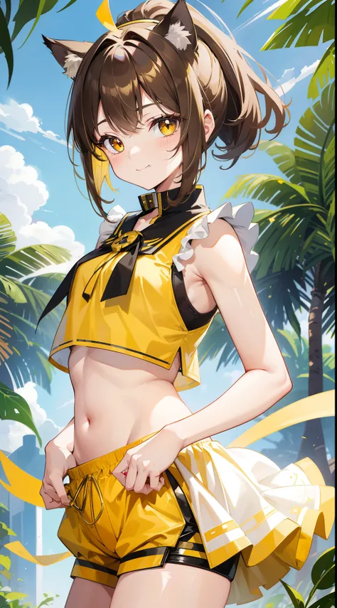 young girl, short brown hair, high ponytail, Heterochromia, green and yellow eyes, Smile, cat ears, Yellow tight sleeveless uniform, tight shorts, diadem, Gold Elements, She-ra, Masterpiece, hiquality, 4k, HD, Good detail