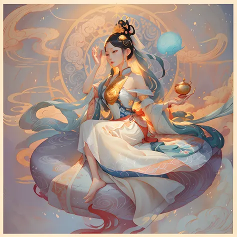 painting of a woman in a white dress sitting on a rock, jen bartel, brittney lee, disney art, queen of the sea mu yanling, concept art by disney, disney artist, disney artstyle, A beautiful artwork illustration, lunar goddess, peter chung + Moebius + loish...