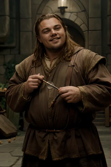 Actor leonardo dicaprio as a dwarf in the Lord of the Rings, Cinematic lighting, mid shot, fat and jolly, smiling, food crumbs on clothes