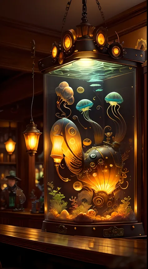 steampunkai。A small aquarium on the bar counter。Jellyfish aquarium。Fantastic lighting。