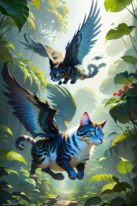 there are flying cats that has wings in the jungle, foggy nature, colorful leaf, fish fruit, heavn