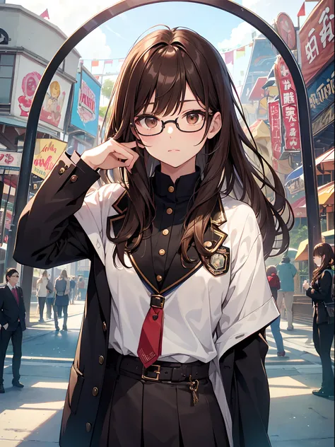 1人の女性、brown haired(Curta)、Brown eyes、Black-rimmed glasses、 Best Quality、ultra-detailliert、8K resolution、Raw photo、masutepiece、gorgeous faces、Perfect body、An amusement park、Blazer Uniform